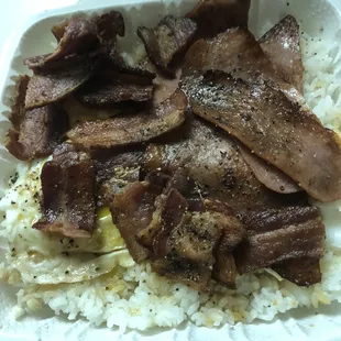 Luncheon meat, bacon, and eggs