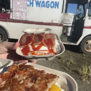 Homemade beef hash and spam and eggs