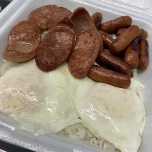 sausage, eggs, and rice
