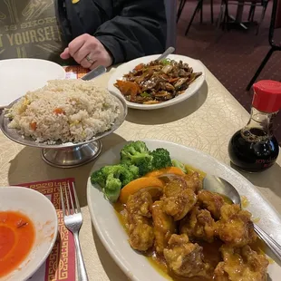 Orange chicken, fried rice, beef and veggies.