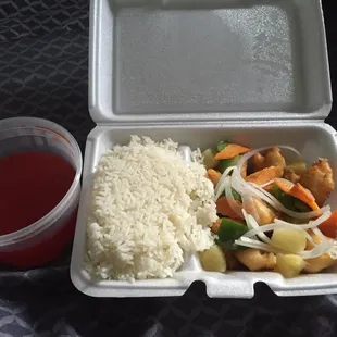 sweet&amp;sour chicken &amp; steamed rice lunch takeout. very nice staff &amp;was ready in 15 minutes !very delicious !