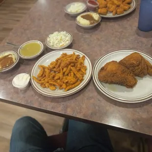 fried chicken, fries, and coleslaw