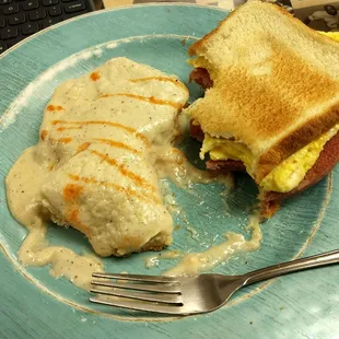 bologna, egg, and cheesey plus gravey biscuits