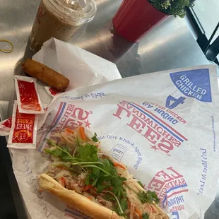 4 grilled chicken, egg rolls, coffee and sauce