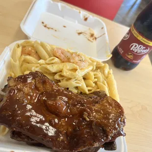 Barbecue ribs and seafood pasta