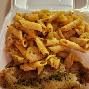 Shrimp  pasta and 2 pieces of grilled fish