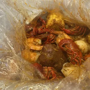 Shrimp, scallops, crawfish, and lobster tail