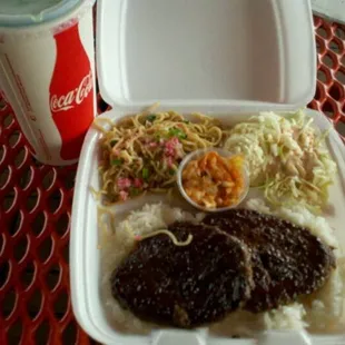 BBQ Hamburger Steak.  Includes the famous fried noodles, salads, and Kim Chee.
