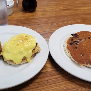Crab cake benedict w/ chocolate chip pancake (sub for  hash browns)
