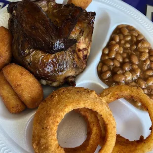 Thursday special: 1/4 chicken (white) with baked beans, onion rings, and hush puppies