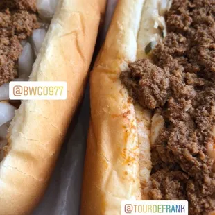 Hot dogs: left without slaw, right without onions