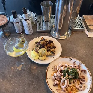 two plates of food on a counter