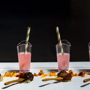 Cocktail pairing: Rhubarb lemon vodka shooter / Rhubarb orange chili spicy pork belly