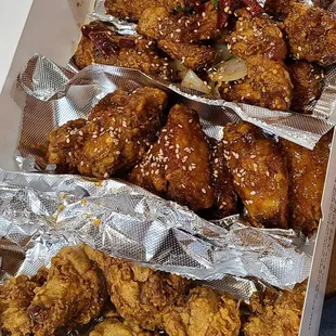 a box full of fried chicken