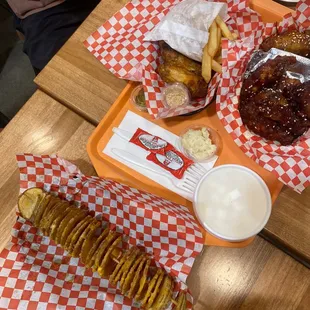 We tried all the 3 All 3 Flavors Large Fried Chicken, with a side of fries, &amp; a TORNADO POTATO (!! a must!!)