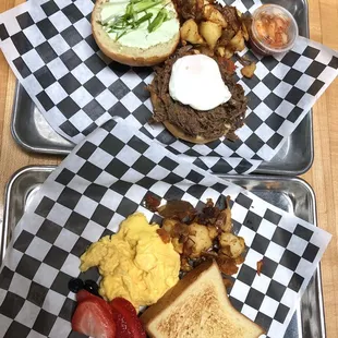 Beef brisket sandwich $14 (top) and Leftie&apos;s Plate $7 (bottom)