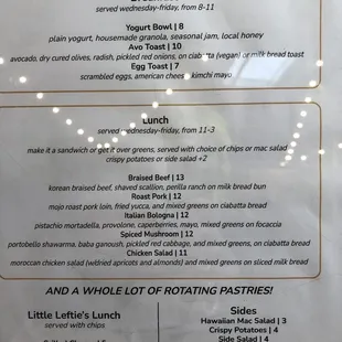 Weekday breakfast/lunch menu