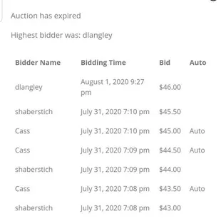 Screenshot of outbid at 9:27 pm.