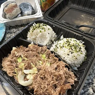 Kalua Pork w/ 2 scoops of rice and 2 spam musubis.
