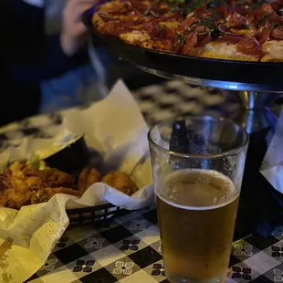 VooDoo Wings, Chestnut Blue Lot Ale, Tavern Pizza