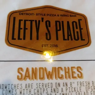 the menu for lefty&apos;s place