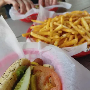 a hot dog and french fries