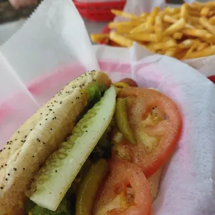 tomatoes, cucumbers, and pickles