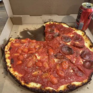 14" Pan pizza with tomatoes and xtra cheese, pepperoni (Coke can for size reference)