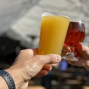 two people holding glasses of beer