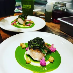 Chilean seabass, herbed potato puree, and pickled vegetables
