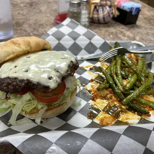 Cheeseburger with spicy green beans (I ate a few before snapping the pic )