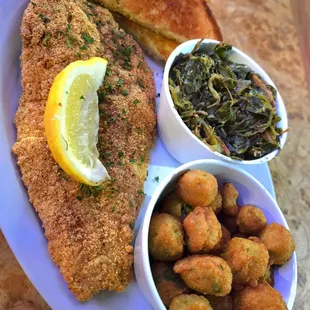 Catfish  collard turkey greens &amp; okra