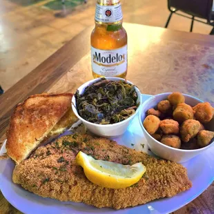 Catfish basket with greens &amp; okra added