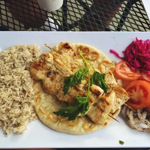 Chicken kabob with rice and pickled beets