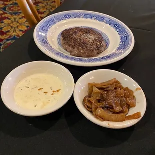 Hamburger steak, grilled onion and special sauce
