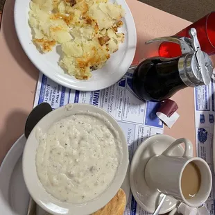 Biscuits and gravy (full) and home fries with coffee