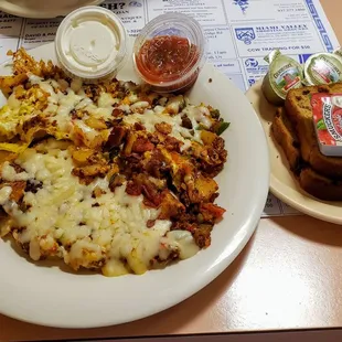 Mexican Mess with Raisin Toast at Legacy Pancake House