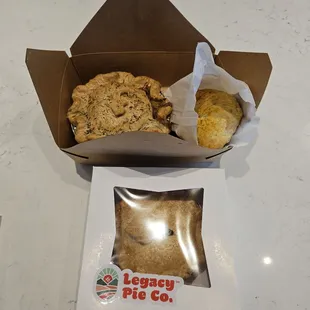 Bison Bacon Mushroom pot pie, Vegetarian Curry hand pie and Mixed Berry cutie in box