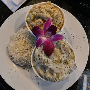 Parmesan Chicken Breast with garlic mashed potatoes and seafood macaroni &amp; cheese