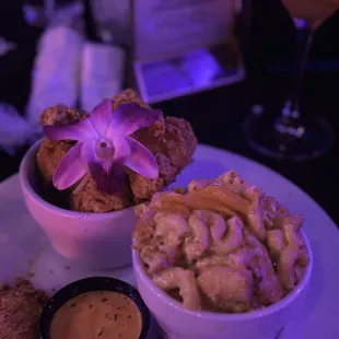 Seafood mac n cheese, salmon bites -- A++