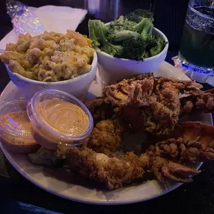 Fried Lobster tail ... seafood Mac and cheese and broccoli DELICIOUS