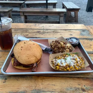 Brisket Sandwich, Tex-Mex Street Corn, Bread Pudding