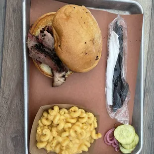 Brisket Sandwich with a side of Smoked Mac and Cheese
