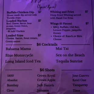Happy hour menu