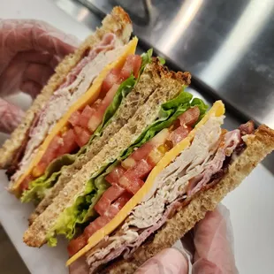 two hands holding a cut in half sandwich