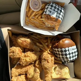 Sampler (3 piece tenders, 2 drumsticks, 6 wings, 1 sandwich, fries and side of rice or toast) 31.99 and sando combo $15~