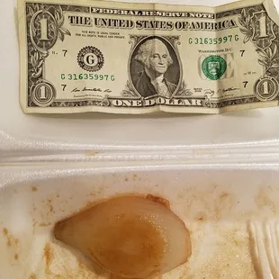 Onion cut too large for stir fry. Like the kitchen staff don&apos;t care.  (the dollar bill to display the size of the onion)