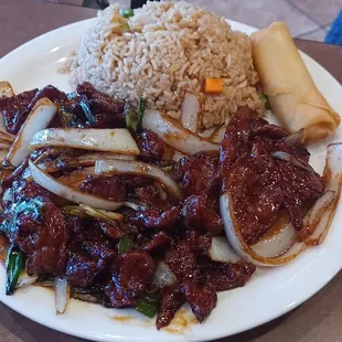 Mongolian Beef, Fried Rice, Egg Roll