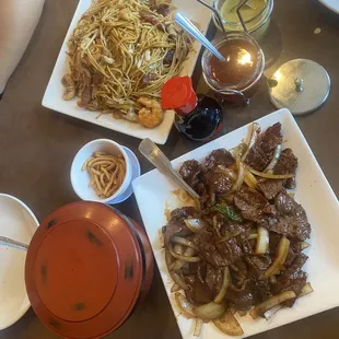 Mongolian beef &amp; shrimp chow mein