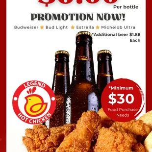 First beer at $0.99 if order $30 Food. Second beer at $1.88, Max 15 per group.